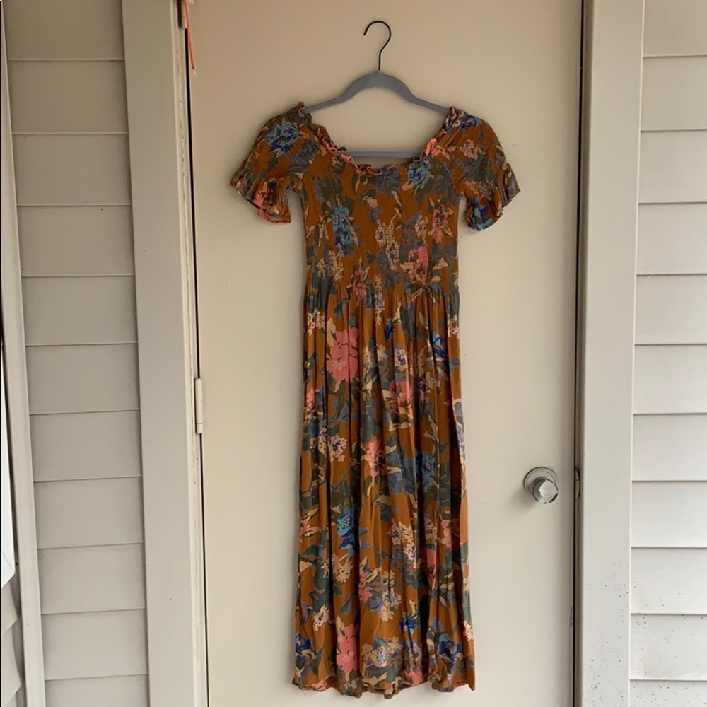 UO Kimchi Blue Smocked Off the Shoulder Midi Dress